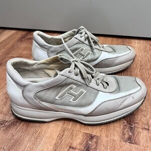 Hogan Low Top Sneakers Mens Sz 12 White Grey Leather Mesh Low Top Made In Italy